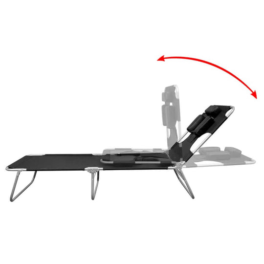 Folding sun lounger with adjustable backrest and head cushion, made from powder-coated steel in black.