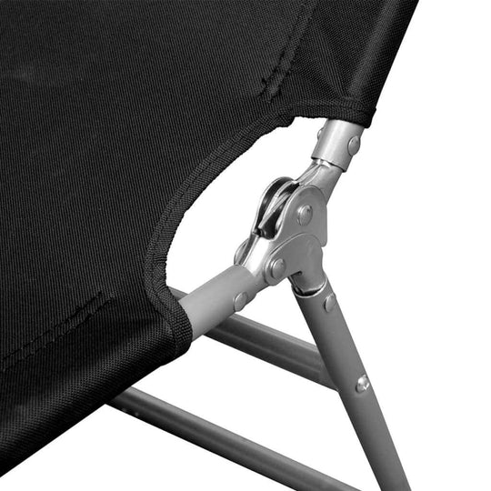 Close-up of folding sun lounger frame showing sturdy powder-coated steel and adjustable hinge for backrest.