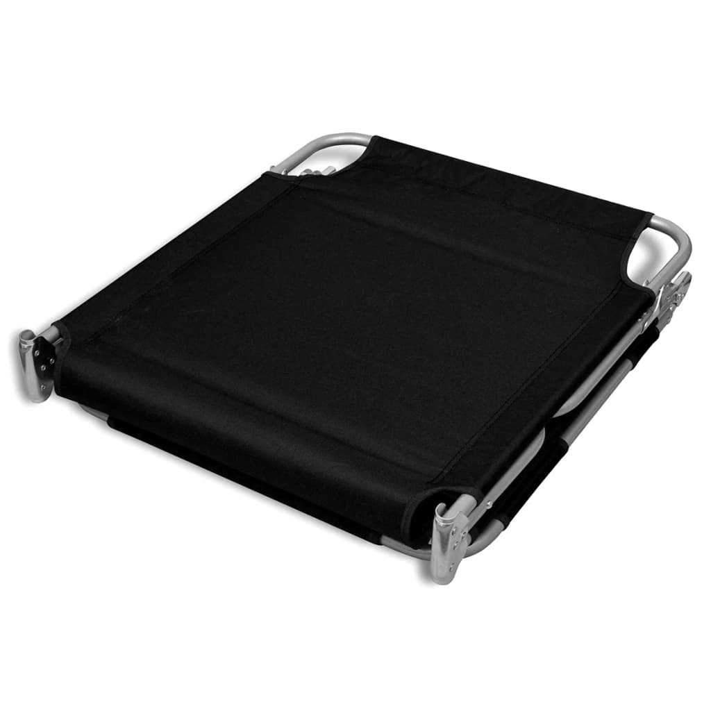 Folding sun lounger in black with adjustable backrest, made of durable powder-coated steel for outdoor relaxation.