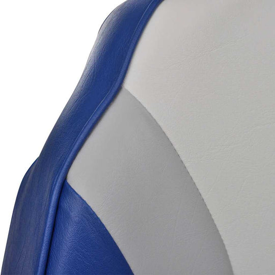 Close-up of waterproof Foldable Boat Chair High Backrest with blue and gray upholstery.