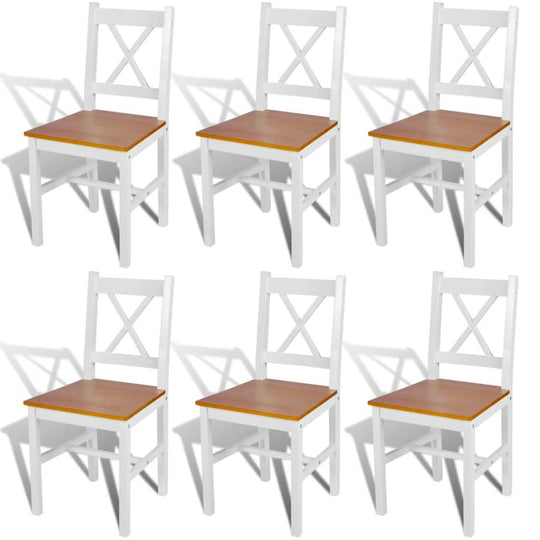 Set of 6 white pinewood dining chairs with elegant design and smooth finish, ideal for outdoor and home furniture.