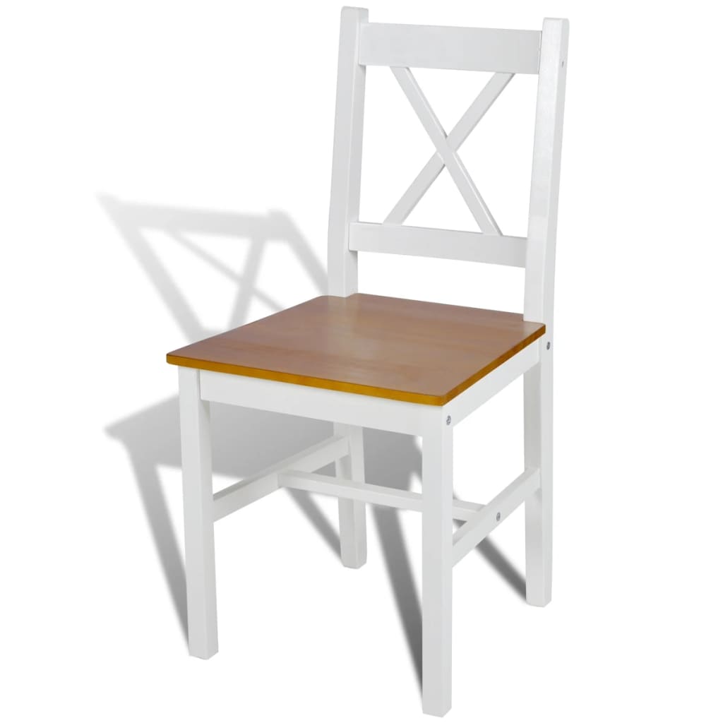 White pinewood dining chair with a natural wood seat, ideal for outdoor furniture or home dining spaces.