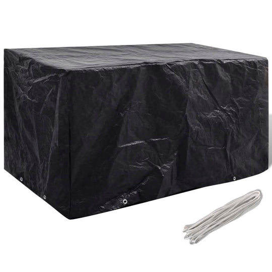 Black garden furniture cover with 8 eyelets and fastening rope for protection against weather elements.