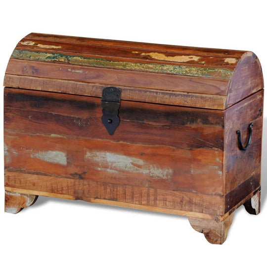 Antique-style reclaimed wood storage chest with a rounded top and black metal accents for unique home organization.