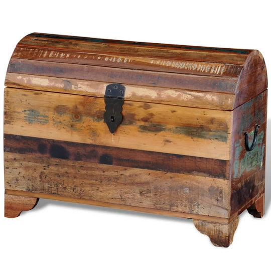 Reclaimed wood storage chest with antique finish and large storage space for home organization.