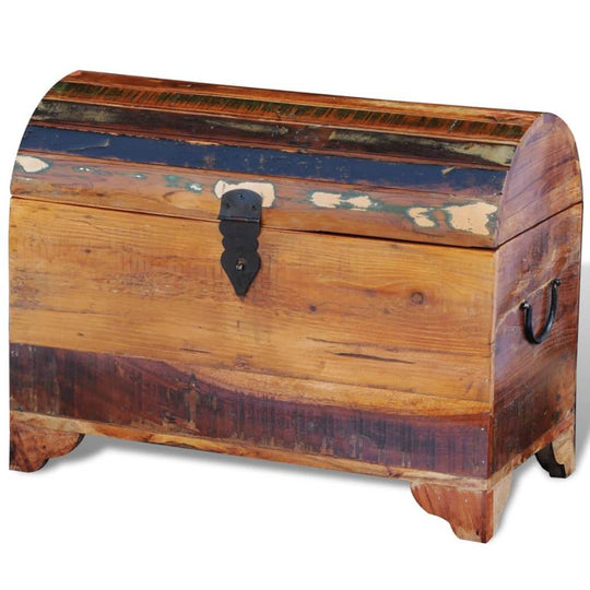 Antique-style reclaimed wood storage chest with a rounded top and metal latch, perfect for unique home decor and organization.