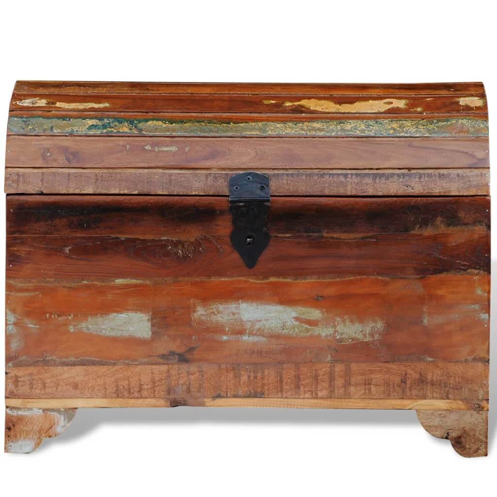 Antique-style reclaimed wood storage chest with unique textures and large capacity for home organization.