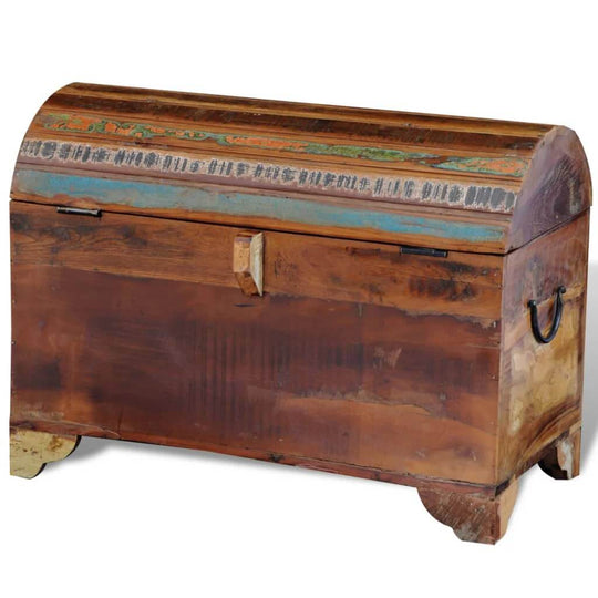 Antique-style reclaimed wood storage chest with colorful patterned lid and large storage space for home organization.