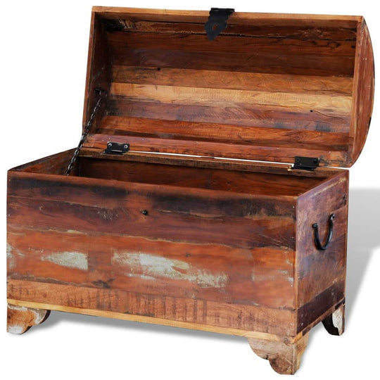 Antique-style reclaimed wood storage chest with an open lid, showcasing ample interior space for organizing items.