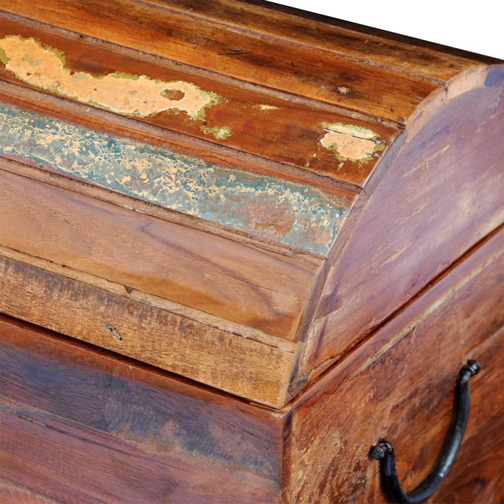 Reclaimed wood storage chest with antique finish showing unique textures and a curved top design.