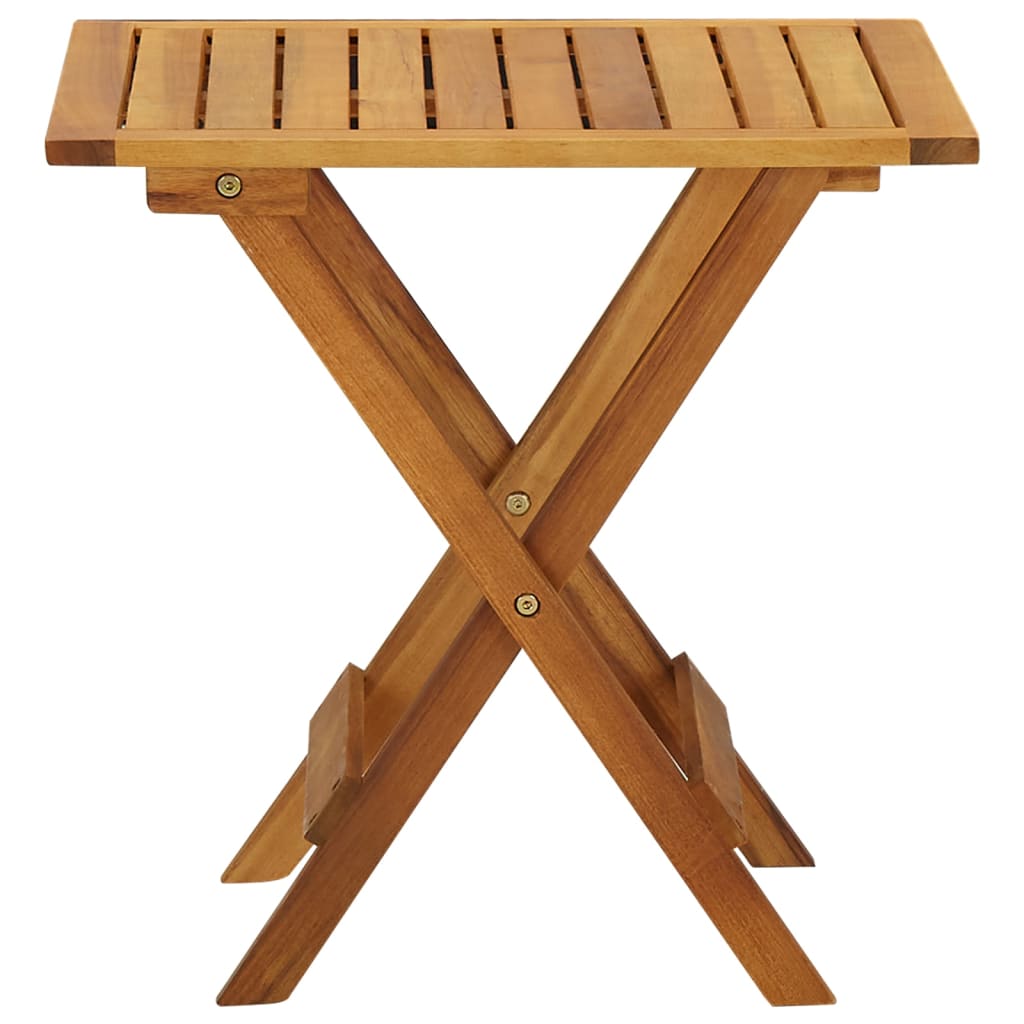 Solid acacia wood bistro table 46x46x47 cm with folding legs for indoor and outdoor use.