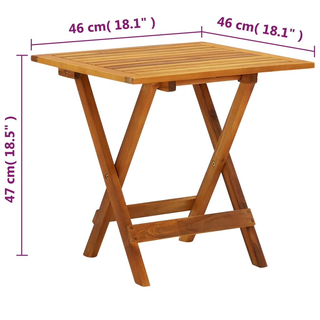 Solid Acacia Wood bistro table with dimensions 46x46x47 cm, ideal for garden, terrace, or living room use.