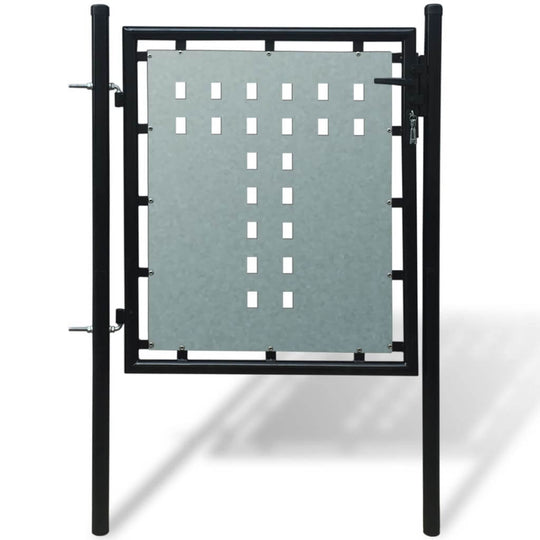 Black single door fence gate with galvanized sheet and decorative hole pattern, 100 x 125 cm, ideal for garden security.