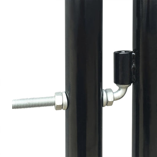 Close-up of black fence gate hardware showcasing screw and connector, emphasizing durability and stability features.