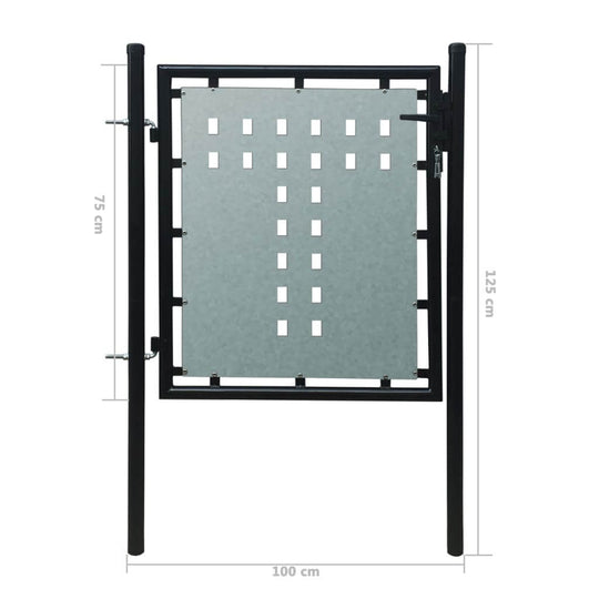 Black single door fence gate with decorative galvanized sheet, dimensions 100x125 cm, perfect for garden security and entryway.