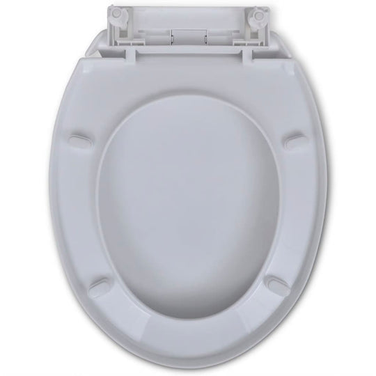 Soft-close white oval toilet seat made of durable polypropylene, designed for easy cleaning and quiet closing.