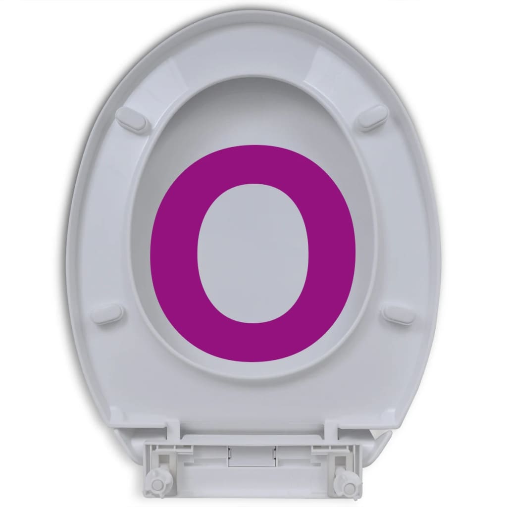 Soft-close white oval toilet seat with a large pink letter O design, ideal for family homes and commercial use.