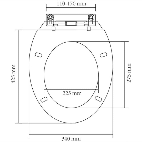 Diagram of a soft-close white oval toilet seat, showing dimensions for installation and fittings.