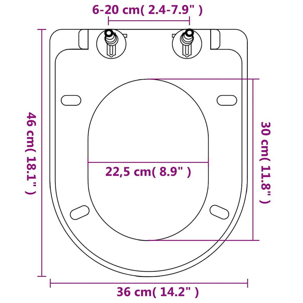 Soft-close Toilet Seat with Quick-release Design  Square dimensions diagram showing measurements and design.