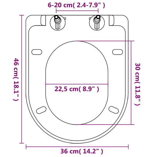 Soft-close Toilet Seat with Quick-release Design  Square dimensions diagram showing measurements and design.