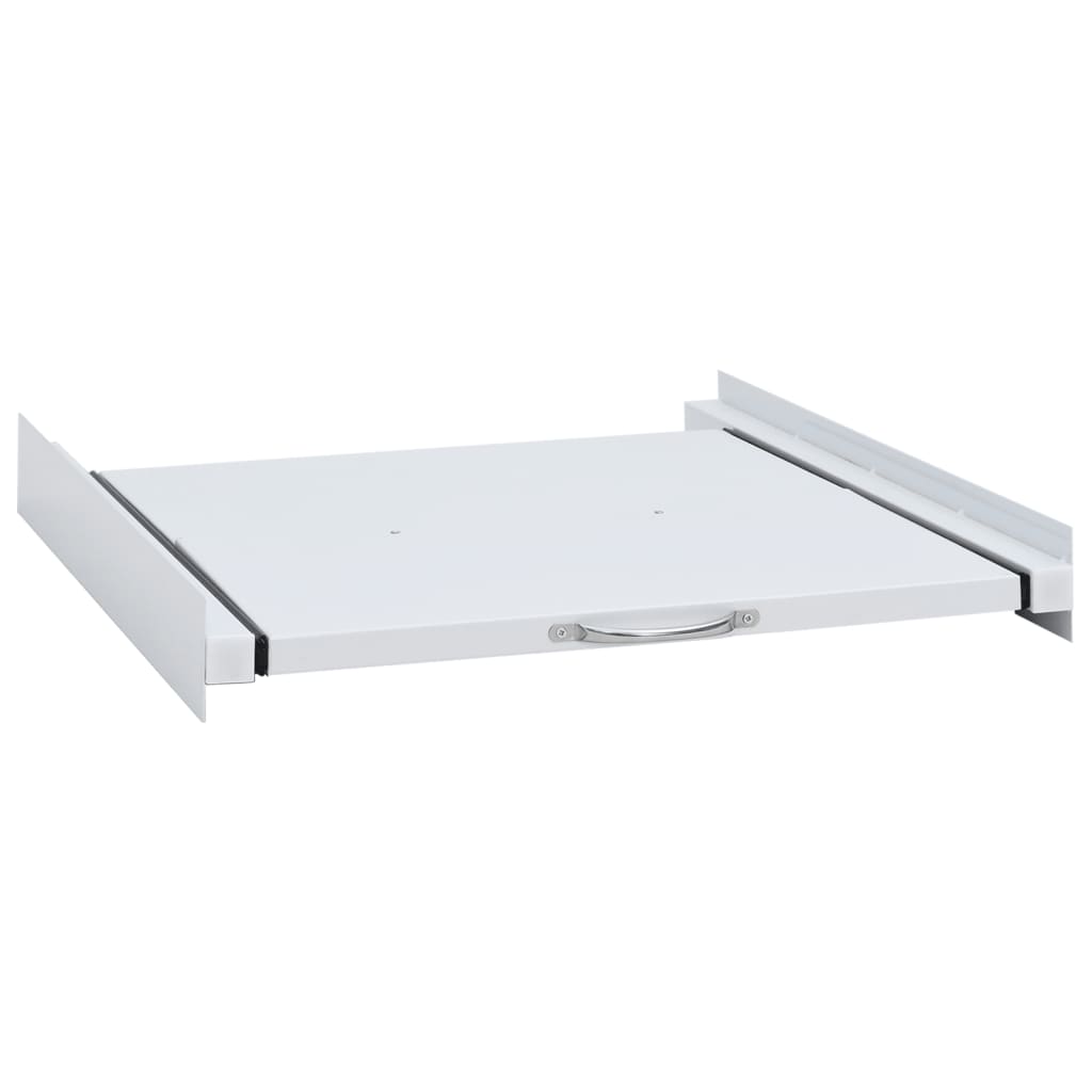 Washing machine stacking kit pull-out shelf for extra storage in small spaces, made of robust white steel.