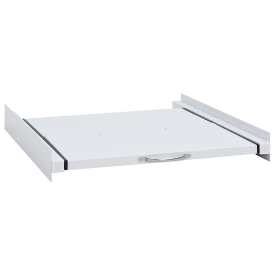 Washing machine stacking kit pull-out shelf for extra storage in small spaces, made of robust white steel.