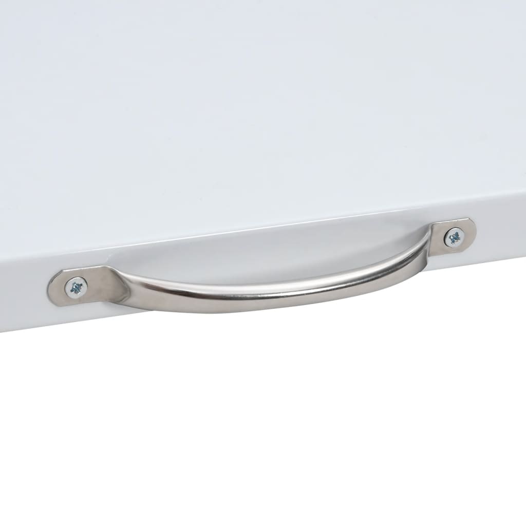 Close-up of a stainless steel handle on a white pull-out shelf for a washing machine stacking kit.