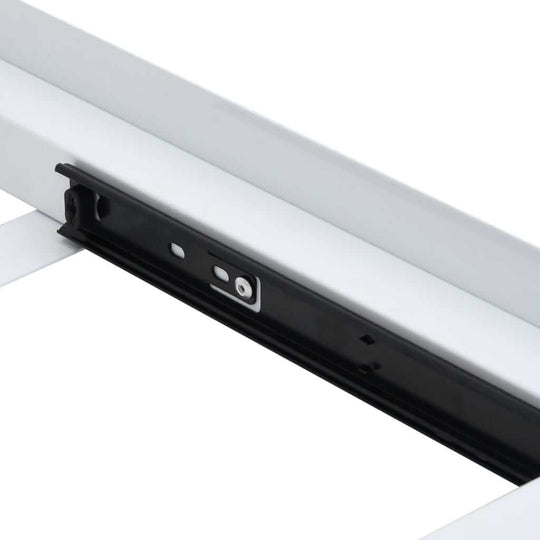 Close-up of the sliding mechanism from a washing machine stacking kit with robust steel construction.