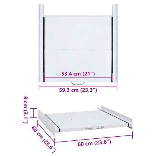 Washing machine stacking kit with pull-out shelf dimensions, ideal for small spaces and robust storage solutions.