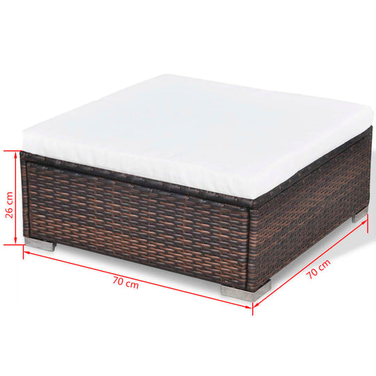 Square outdoor coffee table with white cushion and poly rattan base, dimensions 70cm x 70cm x 26cm.