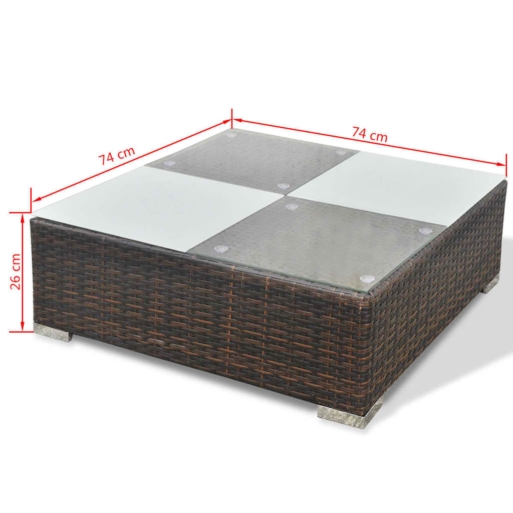 Square glass-top coffee table with rattan base, 74 cm x 74 cm x 26 cm, perfect for outdoor lounge sets.