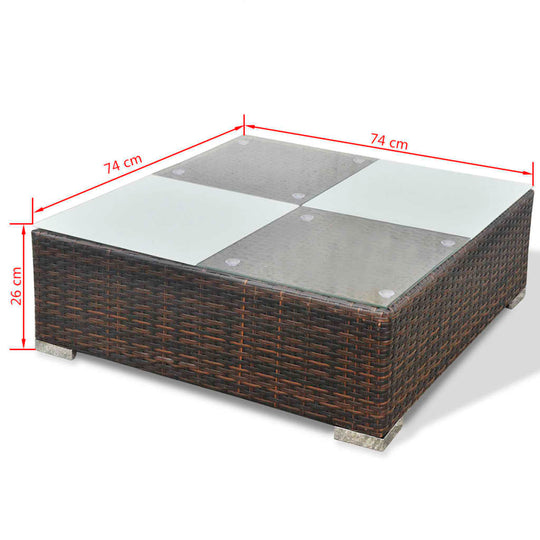 Square glass-top coffee table with rattan base, 74 cm x 74 cm x 26 cm, perfect for outdoor lounge sets.