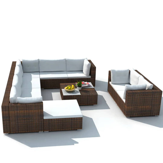 10 piece outdoor lounge set with cushions, featuring a stylish rattan design for garden and patio seating.