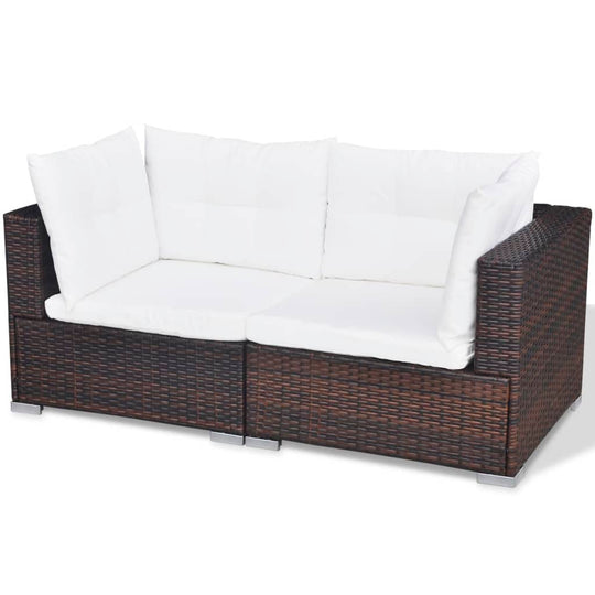 10 piece garden lounge set featuring a rattan sofa with white cushions, perfect for outdoor seating.