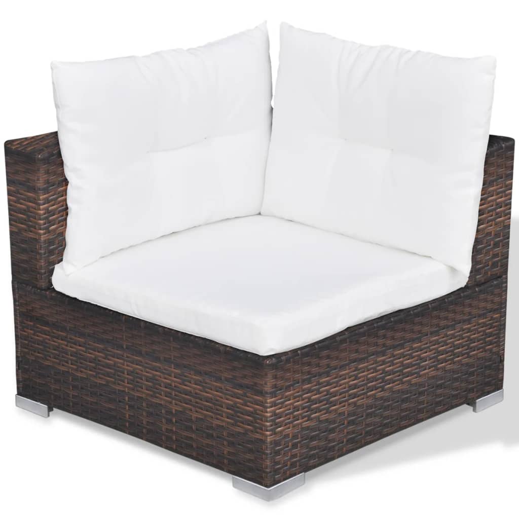 Corner piece of a 10-piece garden lounge set with white cushions and durable poly rattan design for outdoor seating.