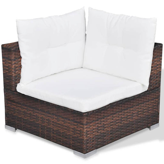 Corner piece of a 10-piece garden lounge set with white cushions and durable poly rattan design for outdoor seating.