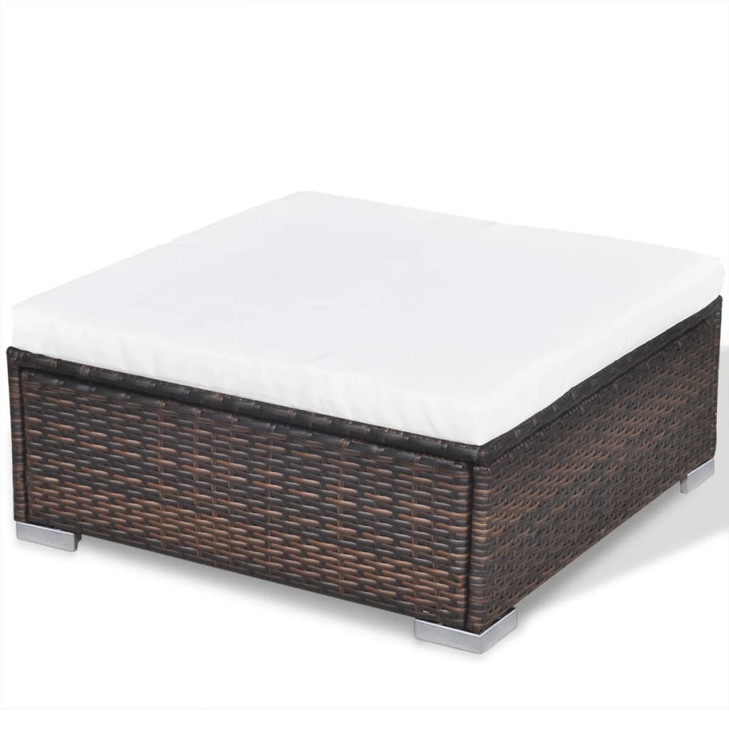 Square outdoor ottoman with white cushion, made of durable poly rattan for garden or patio seating.