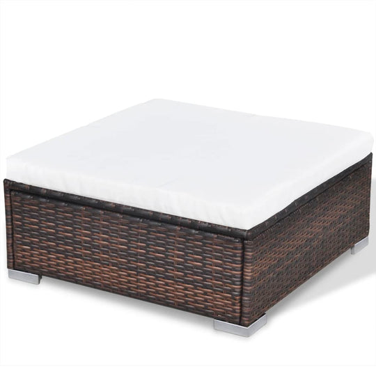 Square outdoor ottoman with white cushion, made of durable poly rattan for garden or patio seating.