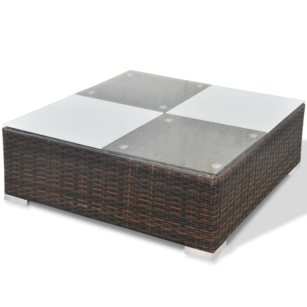 Square rattan coffee table with glass top, perfect for outdoor garden lounge sets and patio seating.