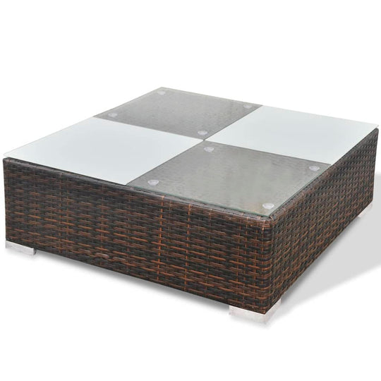Square rattan coffee table with glass top, perfect for outdoor garden lounge sets and patio seating.