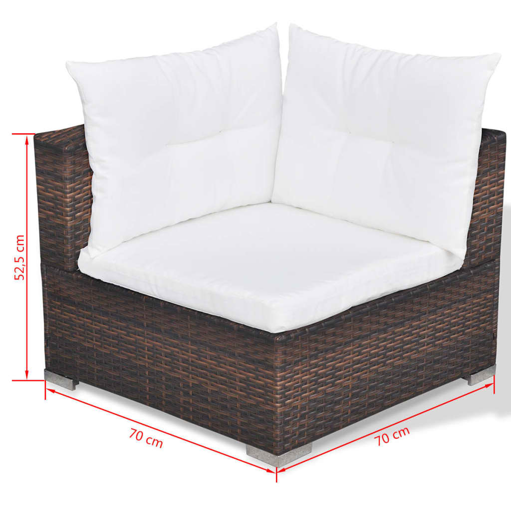 Corner piece of a 10 piece outdoor garden lounge set with white cushions and rattan design, dimensions 70 cm x 70 cm x 52.5 cm.