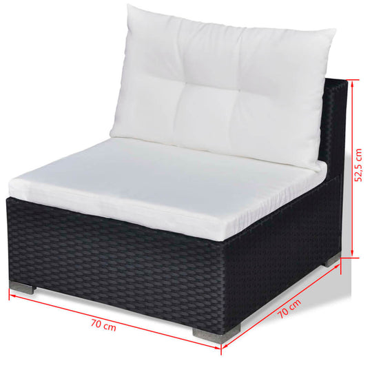 Black rattan outdoor lounge chair with white cushion, dimensions 70x70x52.5 cm, ideal for garden sofa set.