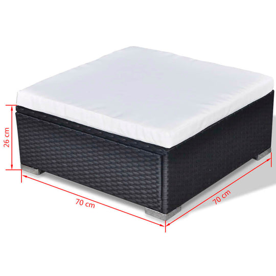 Black square garden lounge seat with white cushion, measuring 70 cm by 70 cm and 26 cm high, suitable for outdoor use.