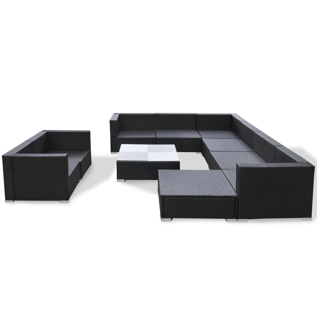 10 Piece garden lounge set in black poly rattan with cushions, perfect for outdoor sofa arrangements.