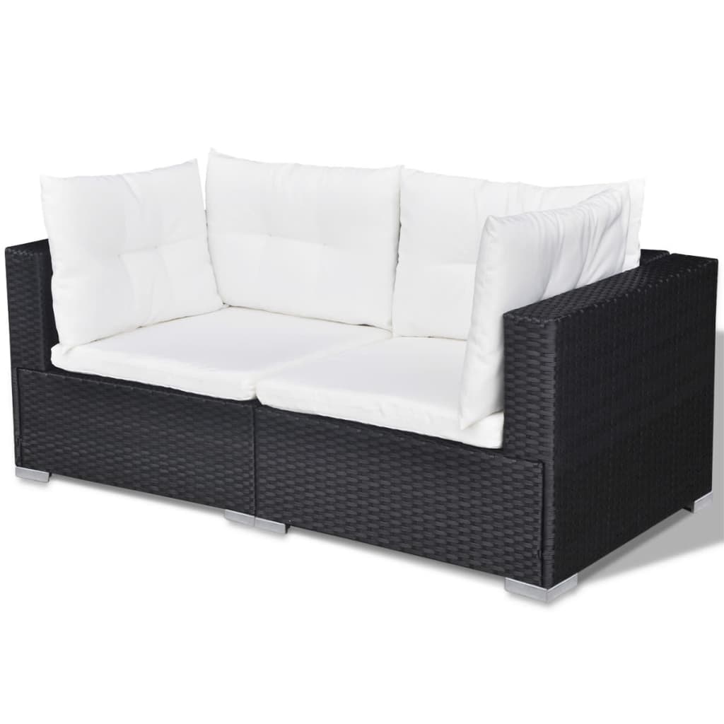 10 Piece Garden Lounge Set with Cushions, stylish outdoor sofa in black rattan with white cushions for patio use.