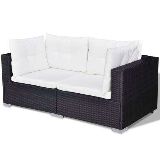 10 Piece Garden Lounge Set with Cushions, stylish outdoor sofa in black rattan with white cushions for patio use.