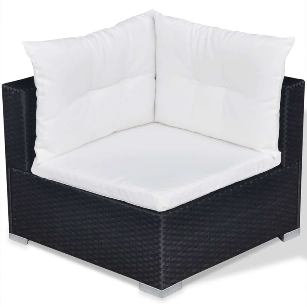 Corner seat from a 10 piece garden lounge set with plush white cushions and durable black rattan frame.