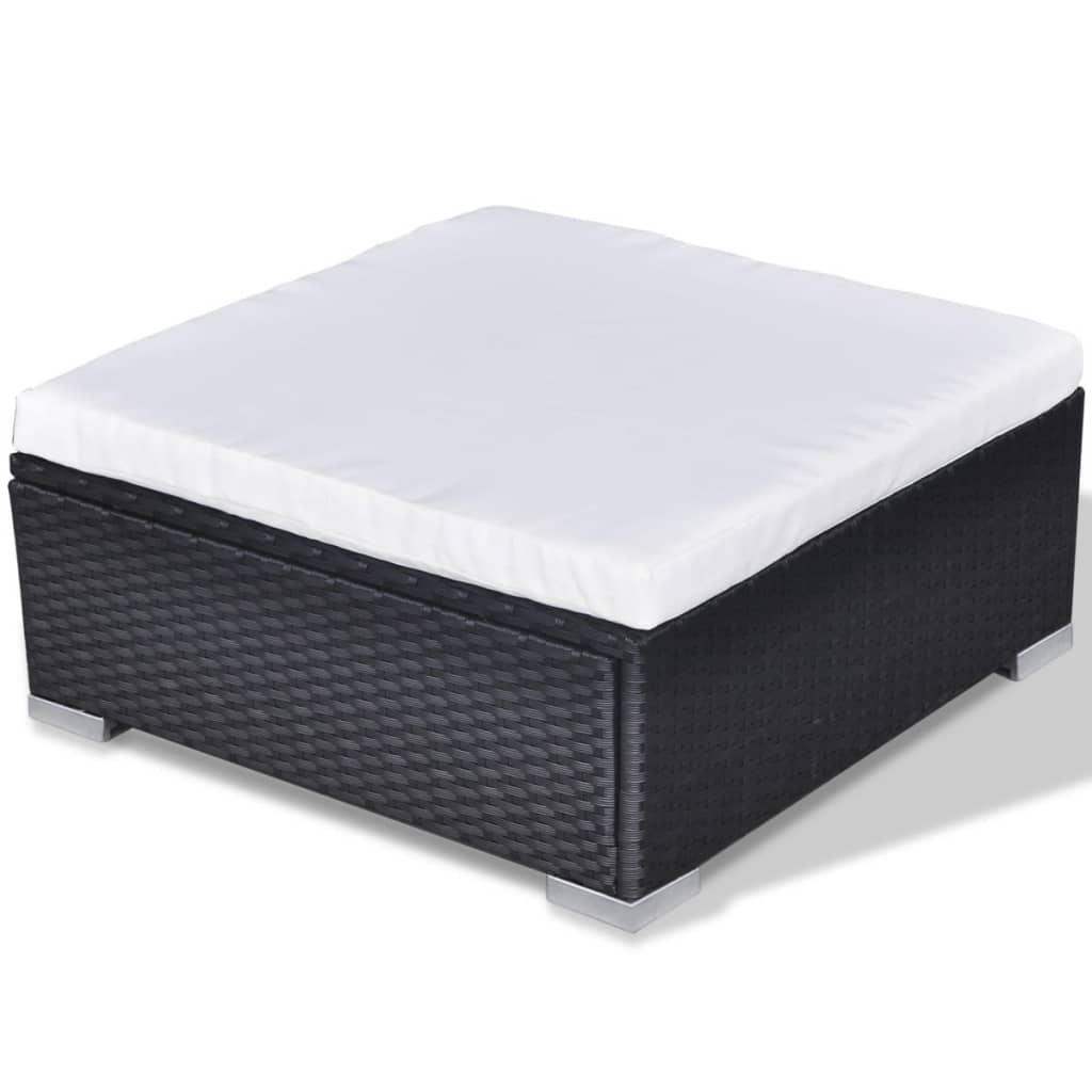 Stylish black rattan outdoor lounge set coffee table with white cushion, perfect for garden or patio use.