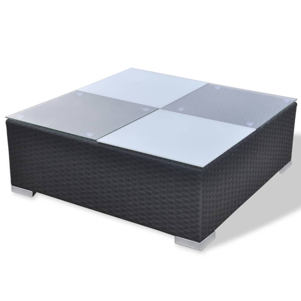 Modern square coffee table with glass top and rattan base for outdoor lounge and garden seating.