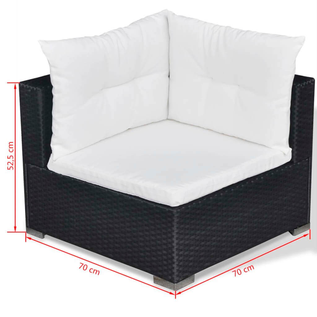 Corner seat of a 10 piece garden lounge set, featuring white cushions and a durable black rattan design, perfect for outdoor use.